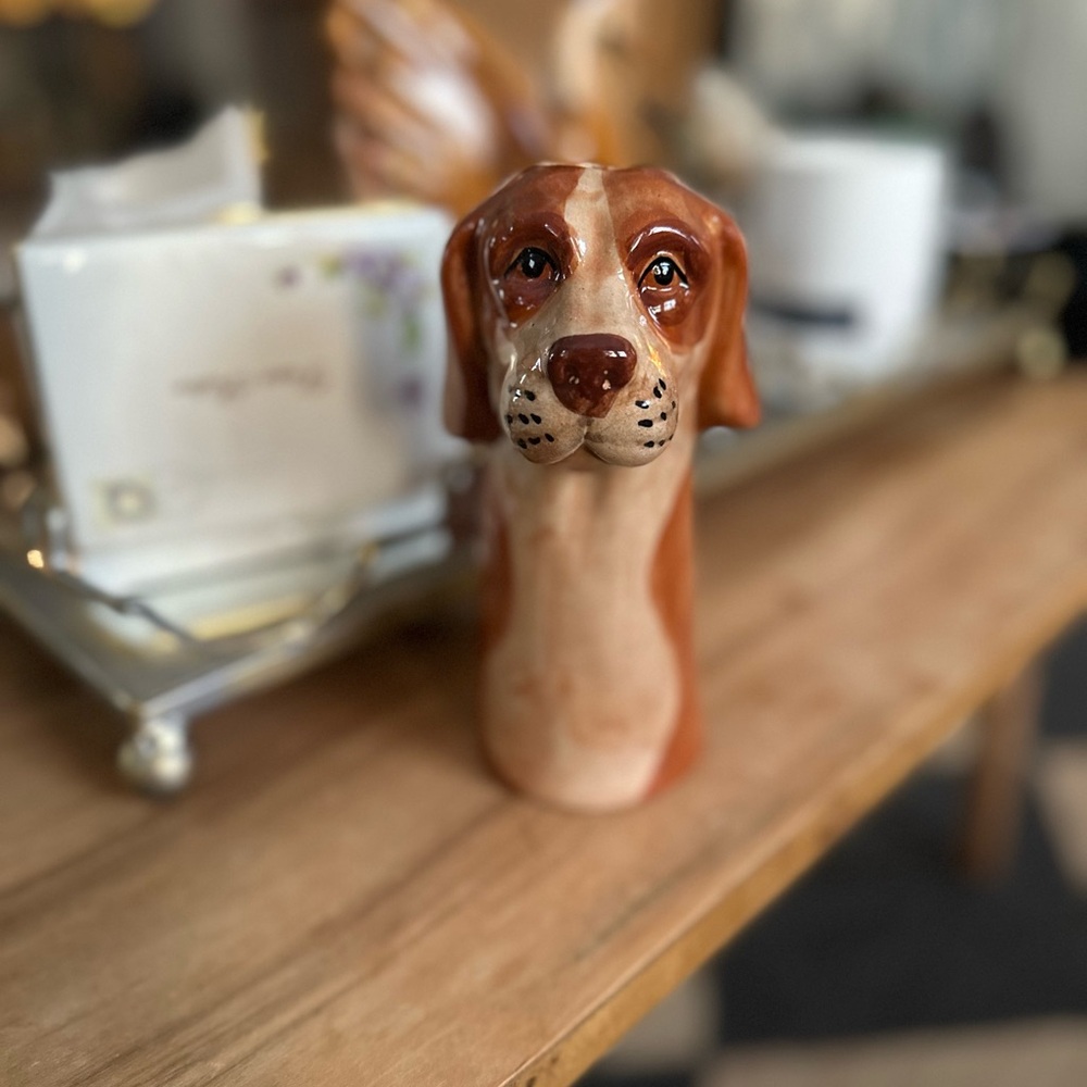 Anthropologie Brown and Cream dog vase 6.5” new in box